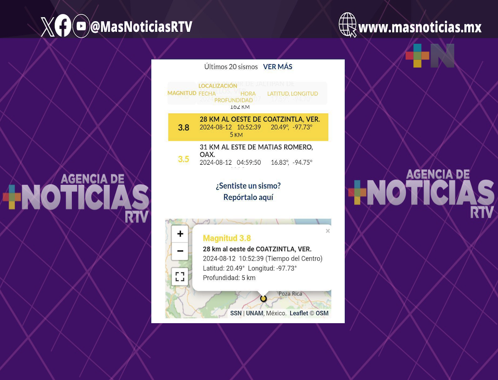 Sin afectaciones por sismo de percepción leve en Coatzintla: PC Estatal